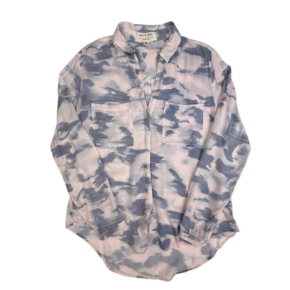 Cloth & Stone Anthropologie Blouse Small Pink Blue Watercolor Button Front